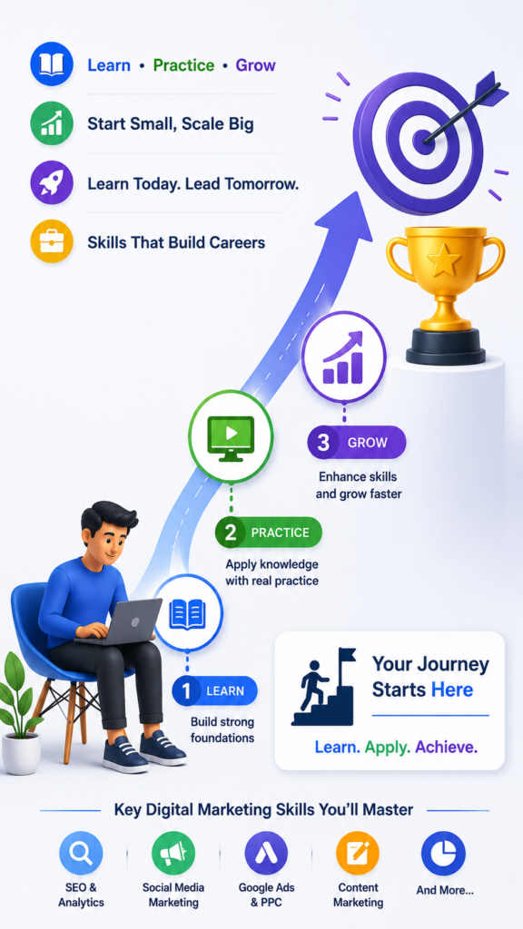 Digital marketing learning roadmap infographic with SEO, Google Ads, social media, analytics, and practical training icons.