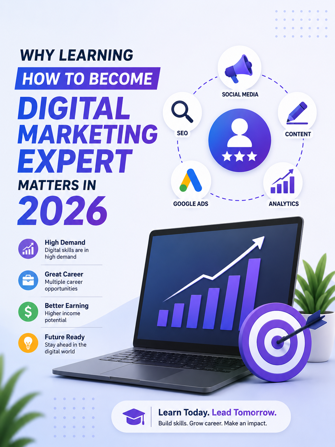 Minimal digital marketing infographic showing learning growth, SEO, analytics, and online marketing concepts for beginners in 2026.