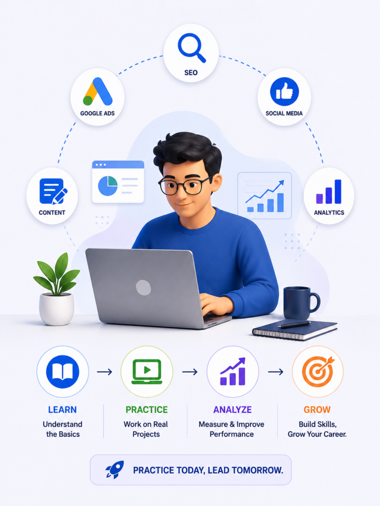 Practical digital marketing training illustration with learning, practice, analytics, and growth concepts.